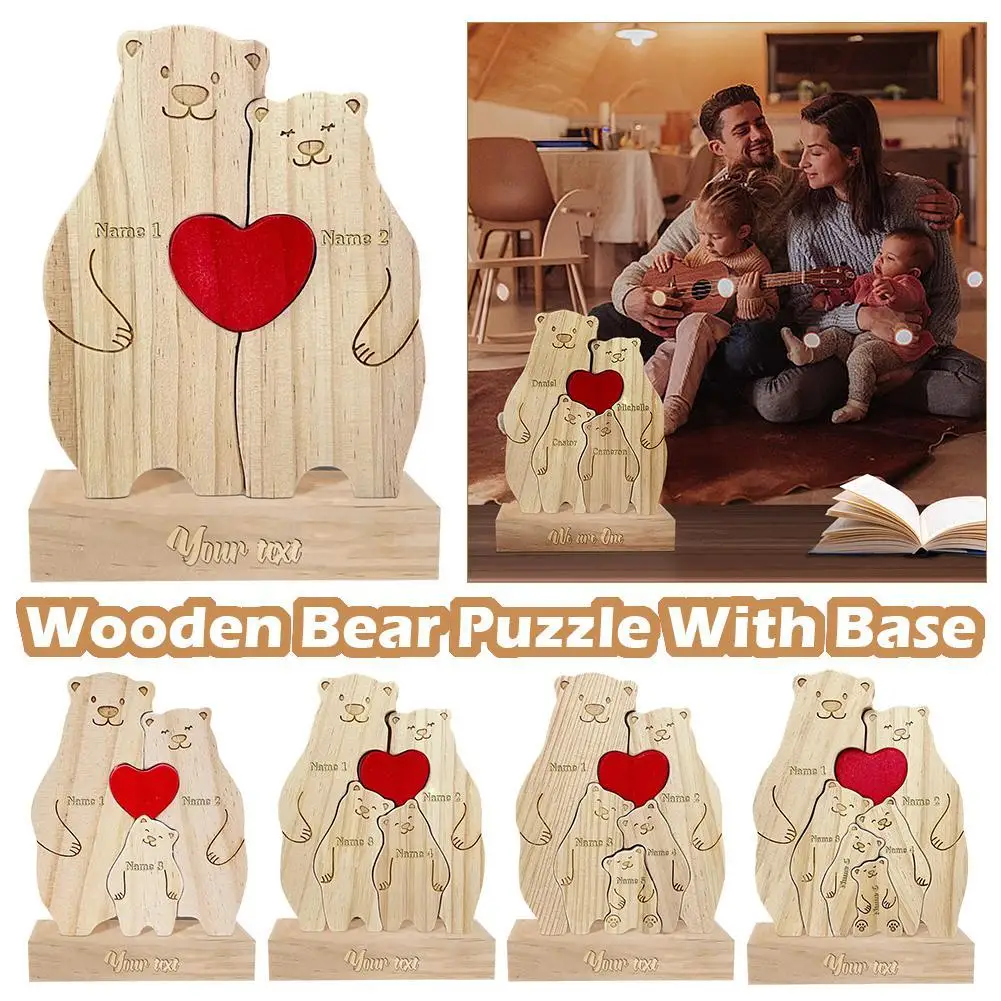 NEW Personalized Wooden Bear Family Photo Decoration Wood Desktop Ornaments Bear Puzzle With Base Custom Gifts For Parents Kids