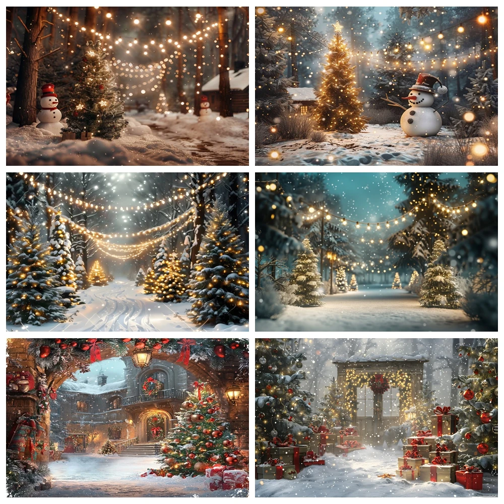 

Christmas Backdrop for Photography Winter Snow Scene Xmas Tree Pine Snowman Fence Snowflake Baby Portrait Photo Background Decor