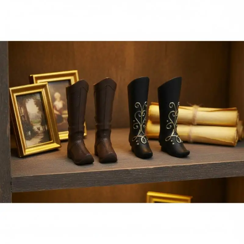 Doll Shoes Medieval Knight Boots Dolls Retro Style Miniature Boots With Gold Embroidery For Dolls Dress Up Accessories