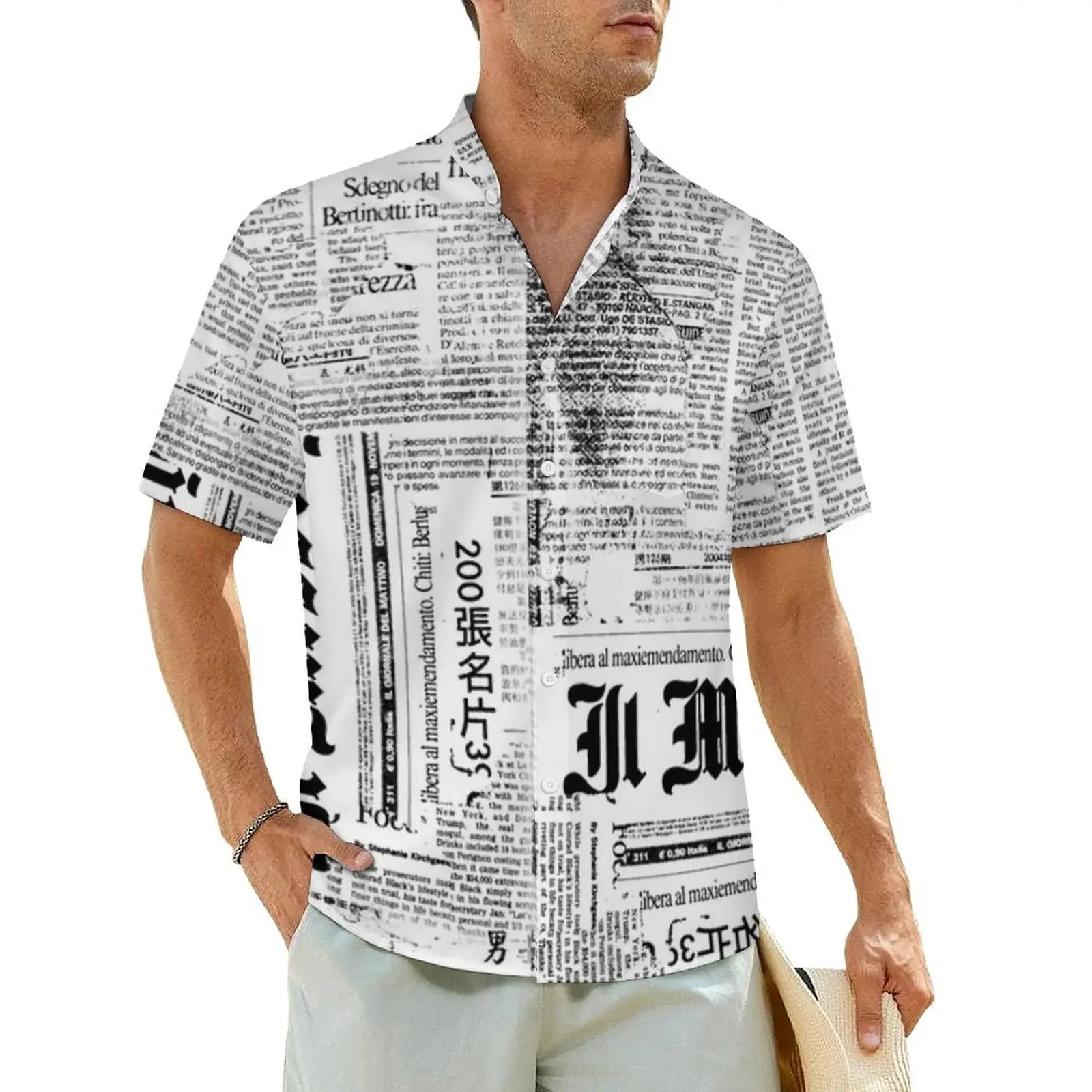 

Newspaper Collage Hawaiian Shirt For Male Beach Texts And Headlines Casual Shirts Short Sleeve Y2K Classic Oversized Blouses