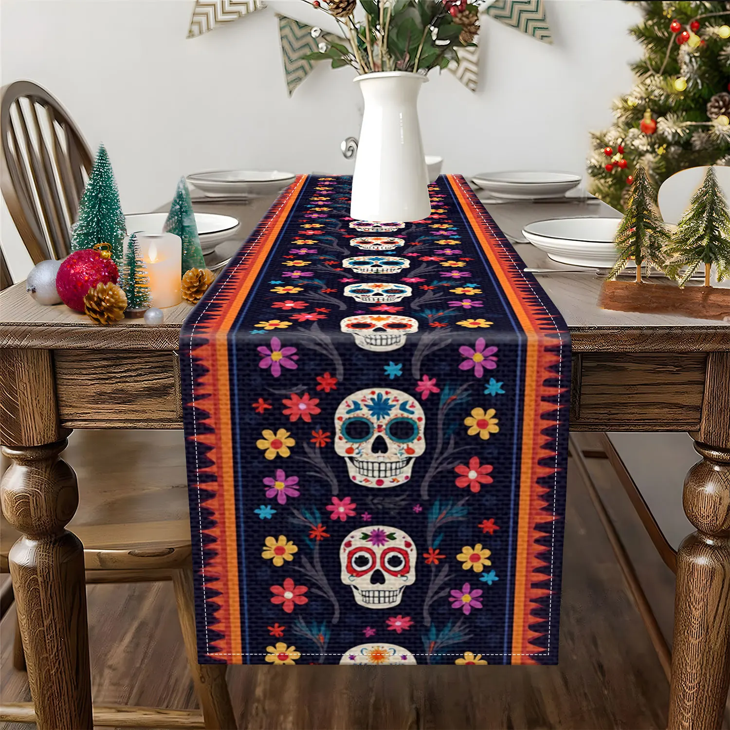 1 Piece of Day of the Dead Themed Table Runner, Decorated with Colorful Skulls and Floral Patterns, Suitable for Day of the Dead Parties and Exotic Decorations