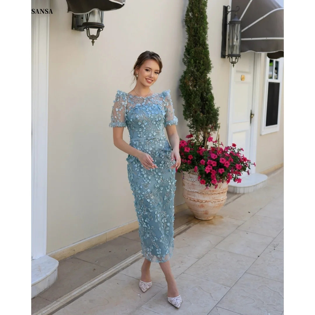 

Sansa Customized Blue Beading Glitter Short Sleeves Prom Dresses Shoulder Pads فساتين للمناسبات الخاصة Flowers vestidos de festa