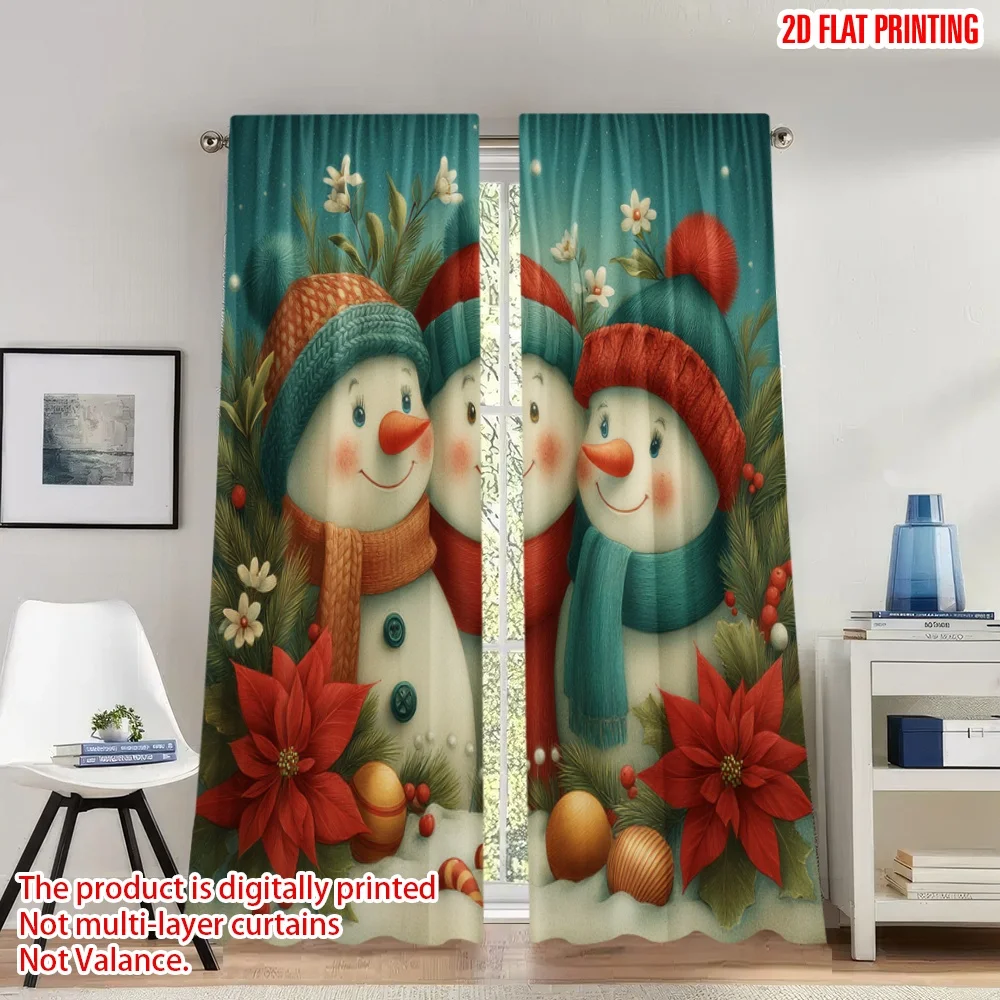 

2pcs 2D flat printing Christmas Hot Party Curtains Christmas Snowmen Poinsettia Garland Digital Printed Polyester Drapes Holiday