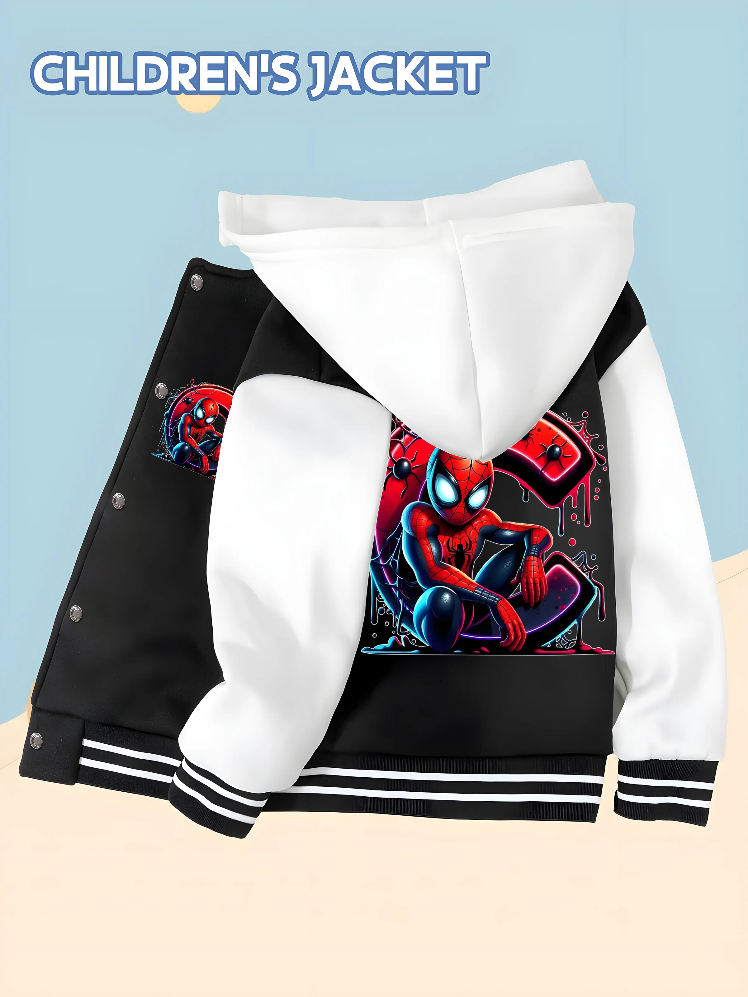 

MINISO Cool graffiti Spider-Man boy's baseball jacket with hood and baseball style, fashionable and childlike comfortable fabric