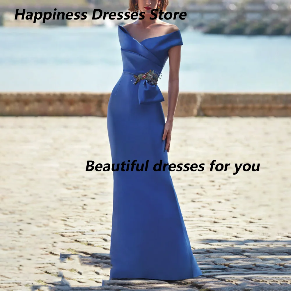 Customized Blue Off Shoulder Mother Of Bride Dresses Wrap V Beaded Floral Bow Sash Criss-cross Satin Wedding Guest Long Dress