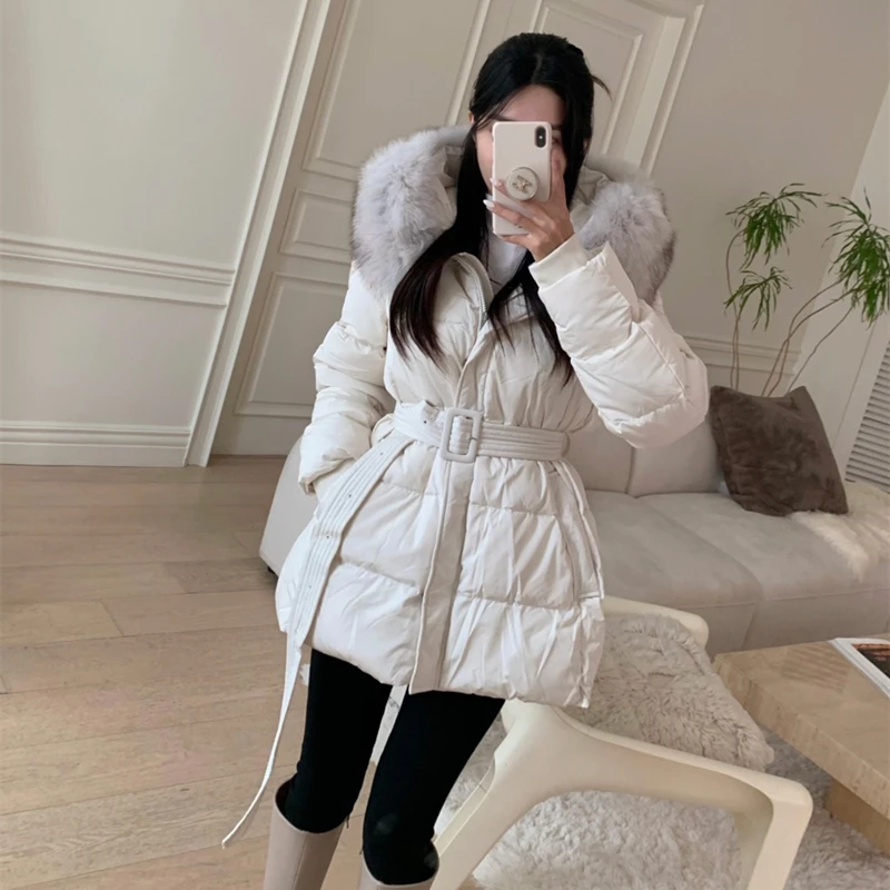 2023 New Women Winter Slim Fur Collar Hooded Down Coats Female Solid Color Warm Outerwear Ladies White Duck Down Jackets