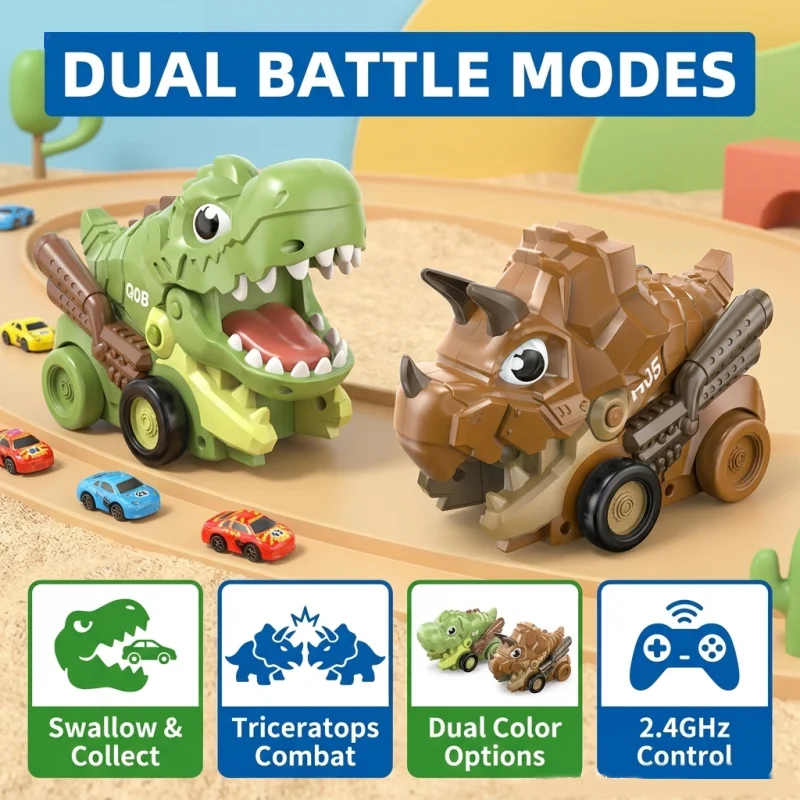 2Pcs Remote Control Dinosaur Battle Cars, Dual-Mode Dino Toy Vehicles, Interactive Kids Gift for Christmas & Birthday Play