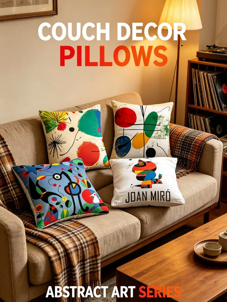 Joan Miro Abstract Art Peach Skin Throw Pillow Covers, Famous Painter Colorful Geometric Surrealism Square Cushion Cases, Modern