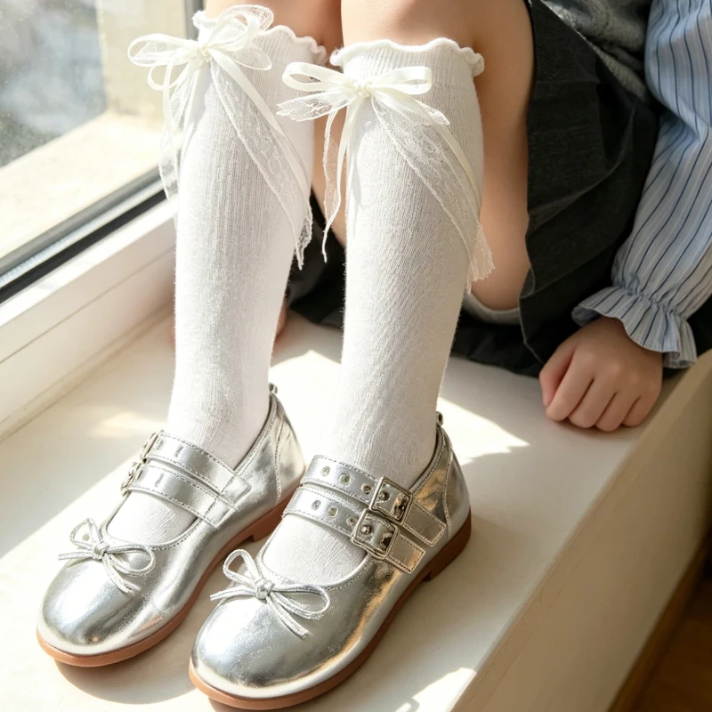 Classic White Lace Bow Ankle Socks for Girls Sweet Charming Crew Style Comfortable Soft Must-Have Basic Baby Daily Casual Socks