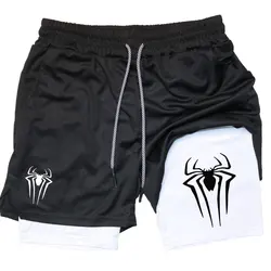 Men's 2 in 1 Compression Shorts Spider Print Gym Workout Fitness Summer Y2K Performance Shorts with Towel Loop Pockets