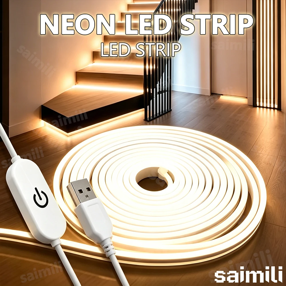 Fita de LED Neon com Sensor de Toque USB 5V, Regulável, Flexível, de Silicone, para Decoração de Casa, Cozinha, Sala de Estar, Quarto e Armário