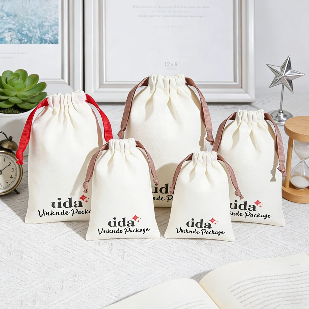 

50Pcs 8x10cm Custom Small White Cotton Drawstring Pouch Jewelry Necklace Ring Bags with Logo Ribbon Velvet Wedding Gift Sack