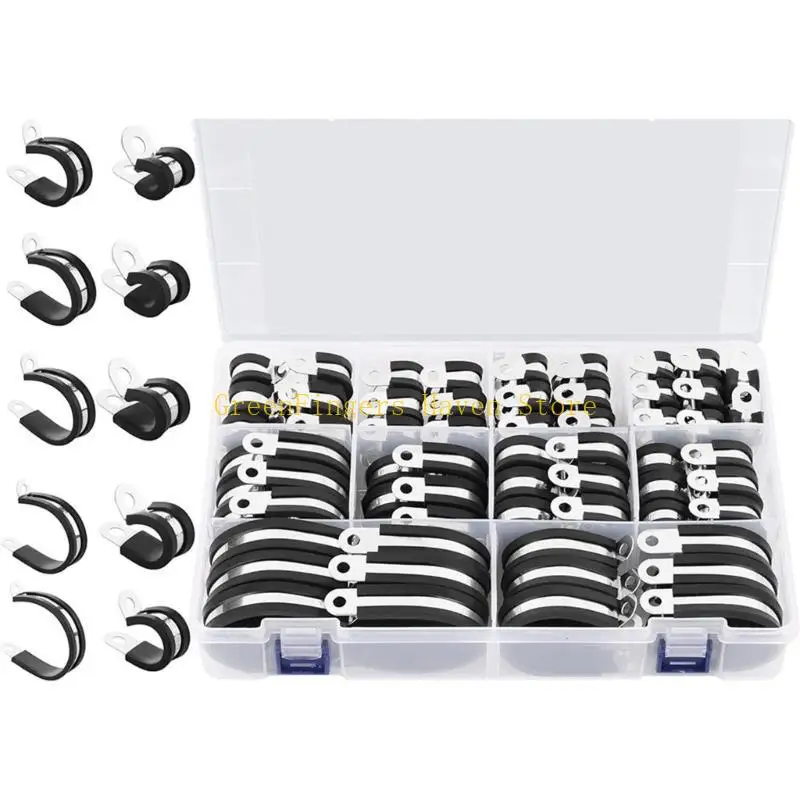 F68D 110Pcs Cable Clamps Assortment Stainless Steels Rubber Cushion Pipe Clamps Automotive Wire Pipe Clamps Enduring