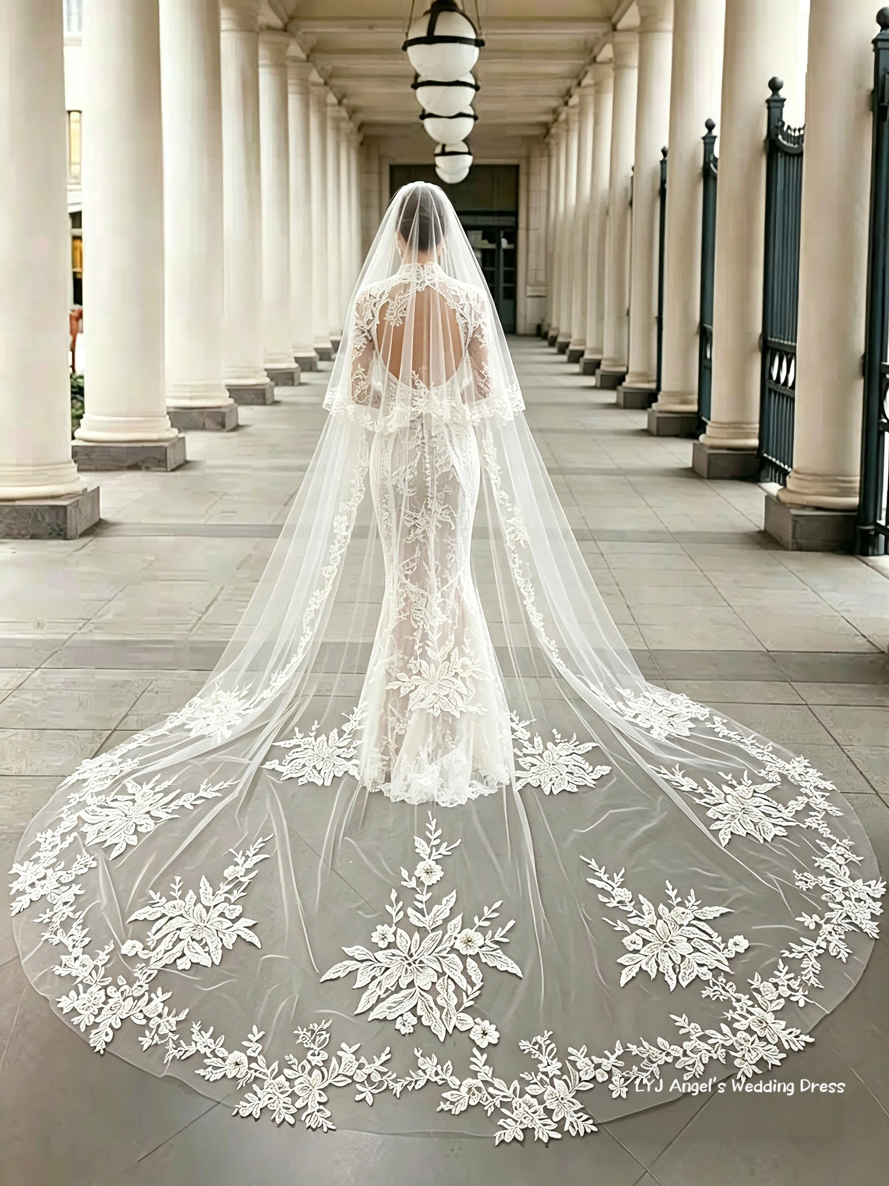 

Cathedral Lace Edge Bridal Veil 3M 350CM Long with Comb Off White/Ivory Two-Layer Tulle Wedding Accessory for Brides