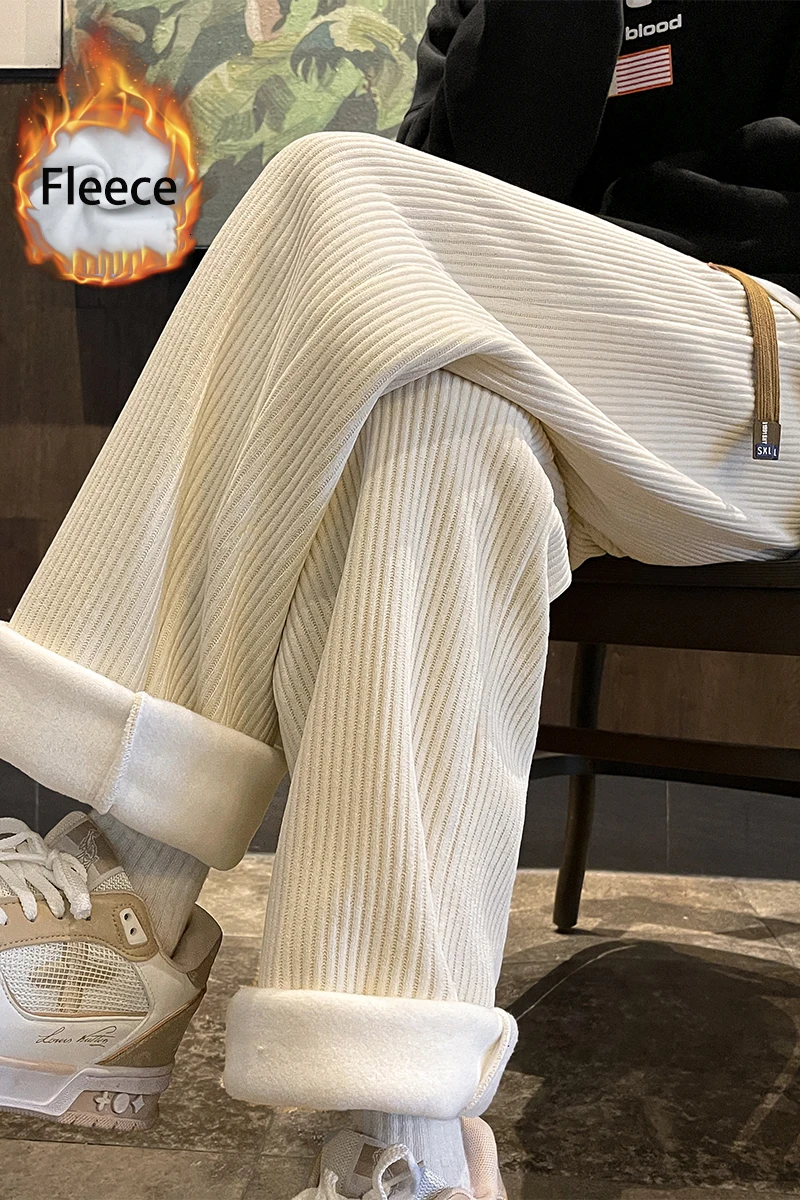 Men's Fleece Striped Plus-size Sweatpants Outdoor Loose Windproof Solid Color Sweatpants Men's Winter Warm Slacks
