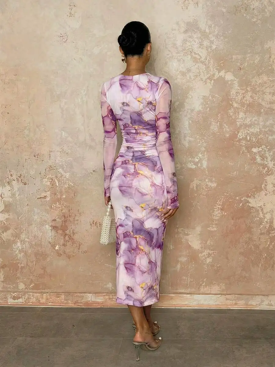

Lavender Marble-Print Sheer Sleeve Midi Dress With Ruched Waist And Draped Back For Women Autumn Elegant Fitted Style
