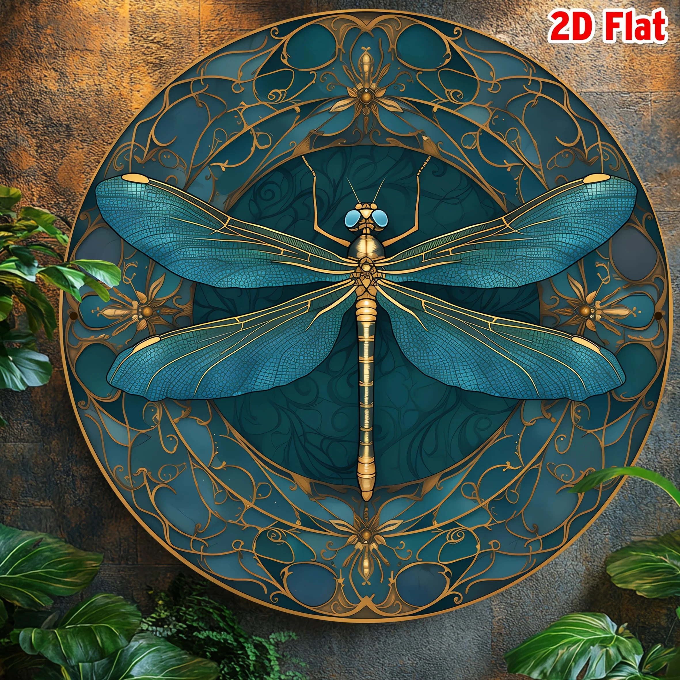 [Vintage Dragonfly Art] Vintage 8x8 Inch Round Aluminum Dragonfly Wall Art Sign, 1pc | 2D Flat, Intricate Golden Patterns, Pre-D image 5