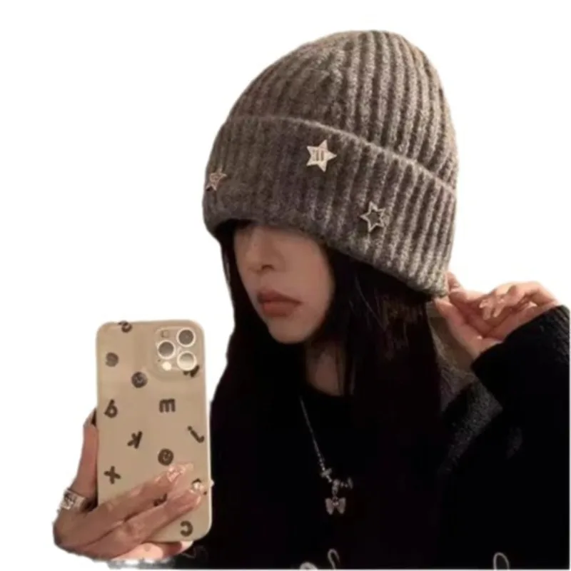 الكورية الأزياء المعادن ستار قبعة المرأة الأذن حماية البلوز قبعة الشتاء الدافئة محبوك قبعة الصلبة الصوف الكروشيه بونيه Skullcap #6