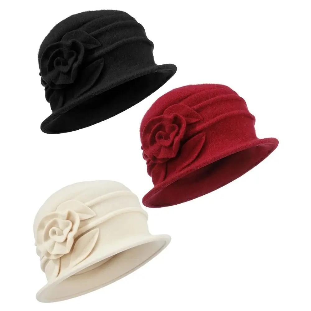 

New Cloche Bucket Church Hat French Wool Winter Beret Hat 56-58cm 3D Floral Fleece Winter Cap for Women