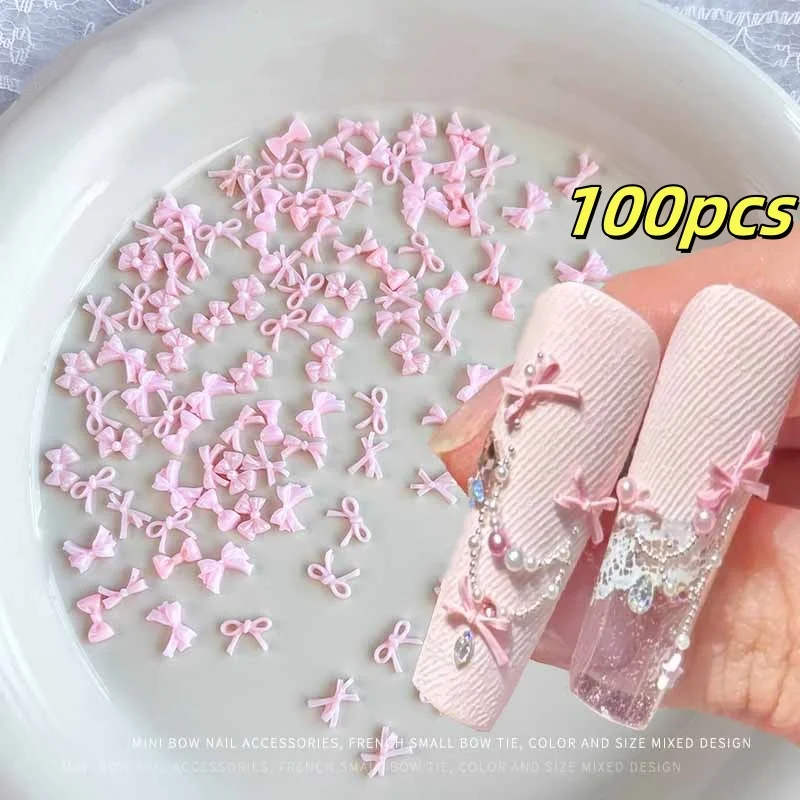 100pcs Pink Resin Bow Tie Nail Art Charms Hollow-Out Butterfly Knot Design Nail Decor Valentine & Christmas Manicure Accessories