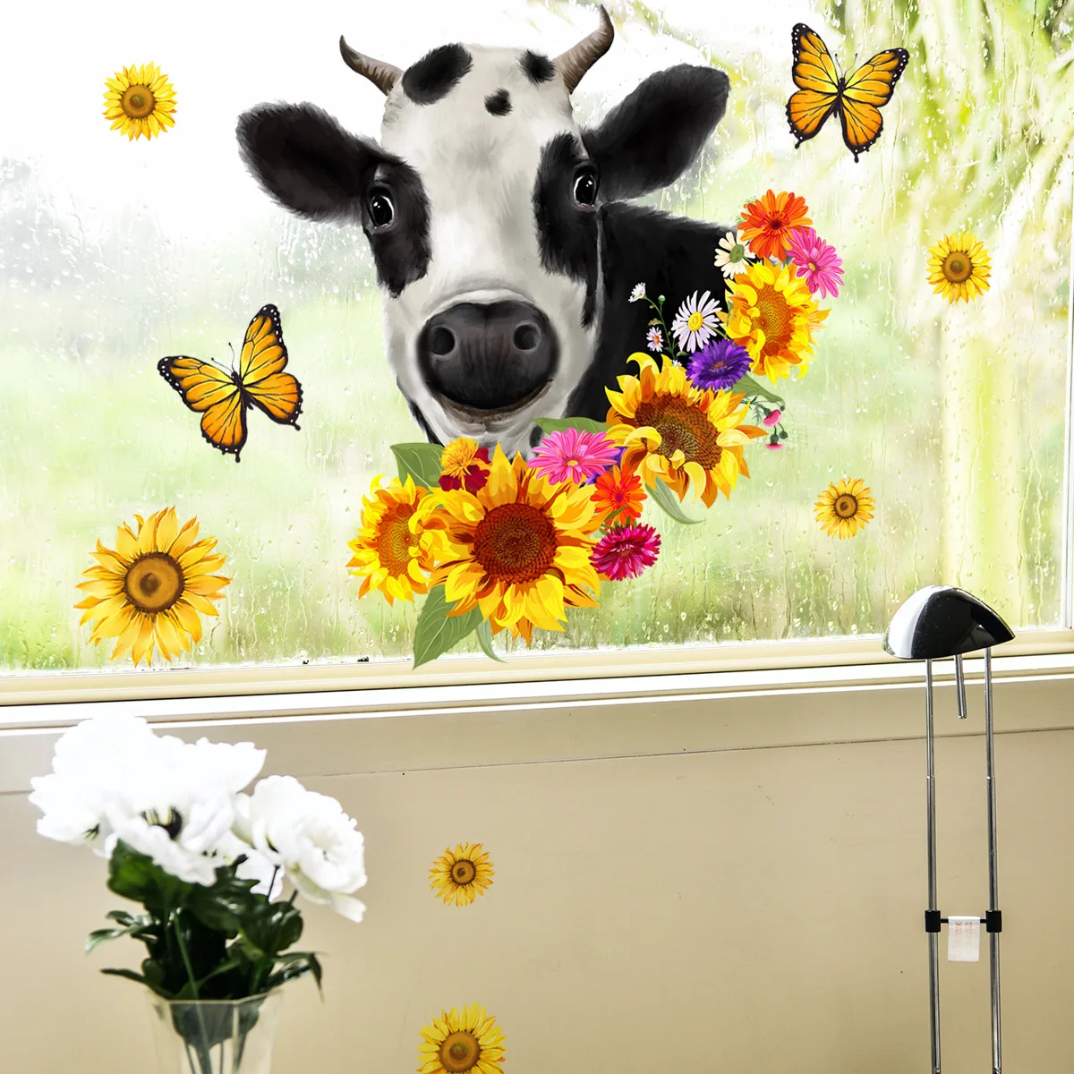 30*30cm Dairy Cow Sunflower Butterfly Wall Sticker Window Living Room Bedroom Study Restaurant Decoration Wall Sticker Ct4032