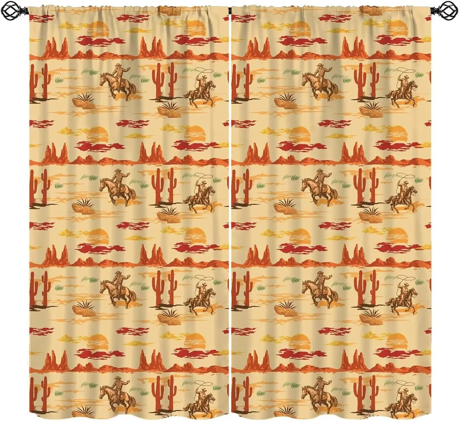 Vintage West Cowboy Curtains Wild West Cowboy Ride Horse and Desert Cactus Pattern Window Treatments Kids Living Room Bedroom