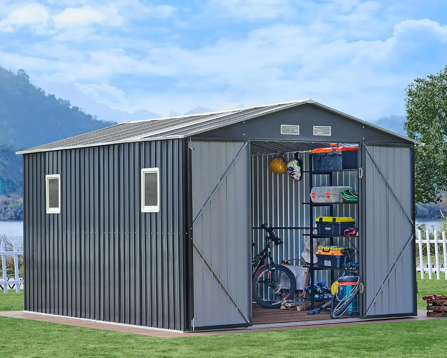 Metal shed with 2 Clear Panels Hinged Double Doors 4 Vents, Outdoor Shed for Backyard, Garden, Patio, Dark Grey/White