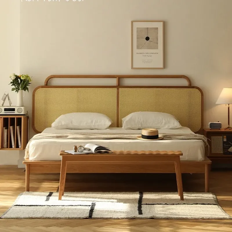 For 1.5m 1.8m Nordic Style Solid Wood Rattan Bed Japanese Modern Light Luxury Double Bed Household   Furniture