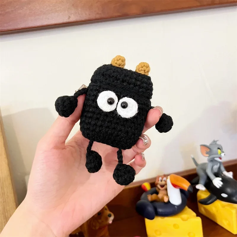 Cartoon Black Knitted Case for AirPods 4 Airpod 1 2 3 Pro Pro2  Bluetooth Earbuds Charging Box Protective Earphone Case Cover