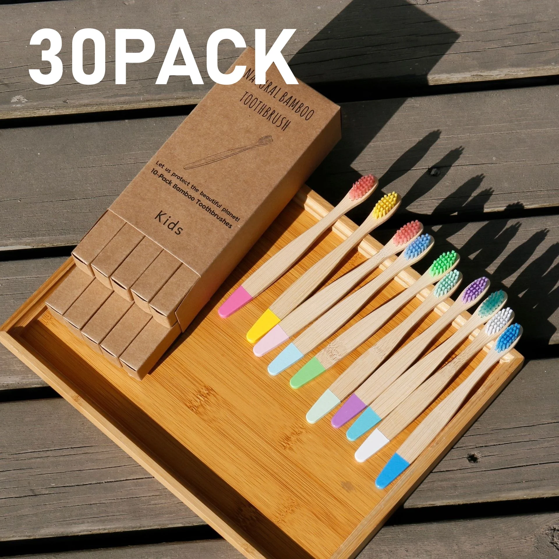 30 Pieces Kids Bamboo Soft Bristles Toothbrushes Colorful Handles, 5.7 Inch, Home School Travel Teeth Manual Cleaning