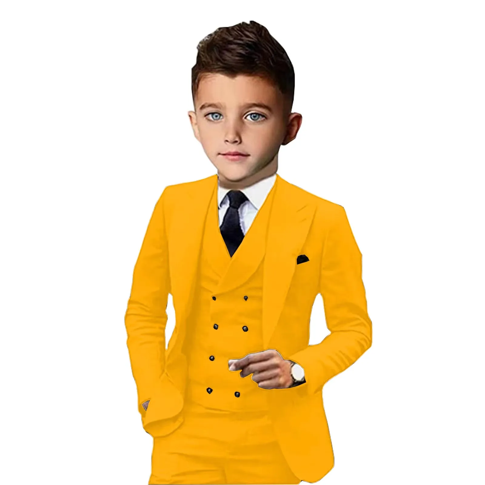 Elegant Solid 3 Piece Boys Tuxedo Suits Set - Kid's Blazer Vest Pants with Peak Lapel One Button Design for Child Prom Wedding