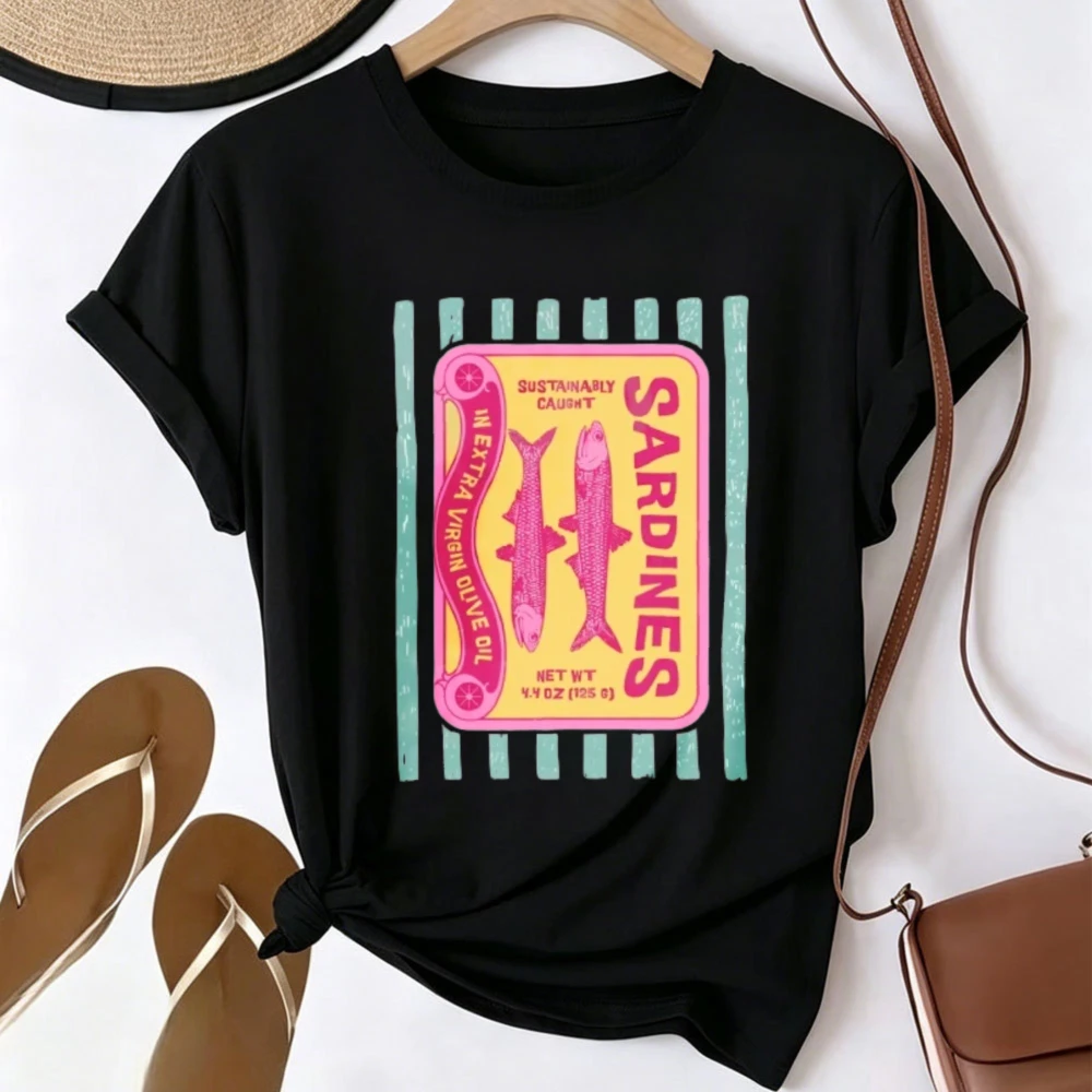 Vintage Colorful Sardine Can Label Graphic T-shirt Men Women Retro Canned Fish Art Tee Ocean Seafood Lover Aesthetic Casual Tops