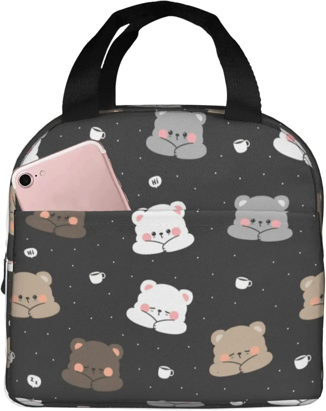 Kawaii Bear Pattern Lunch Box Bento Bag Insulated Lunch Boxes Reusable Waterproof Lunch Bag with Pocket for School Office Picnic