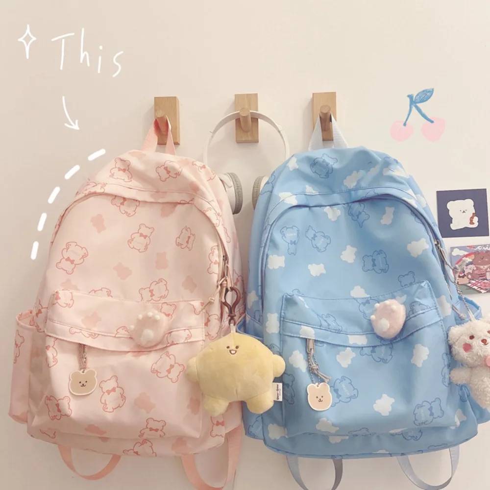 

Bear Pattern School Backpack High Quality Large Capacity Canvas Travel Bag Cartoon Print Cute Schoolbag