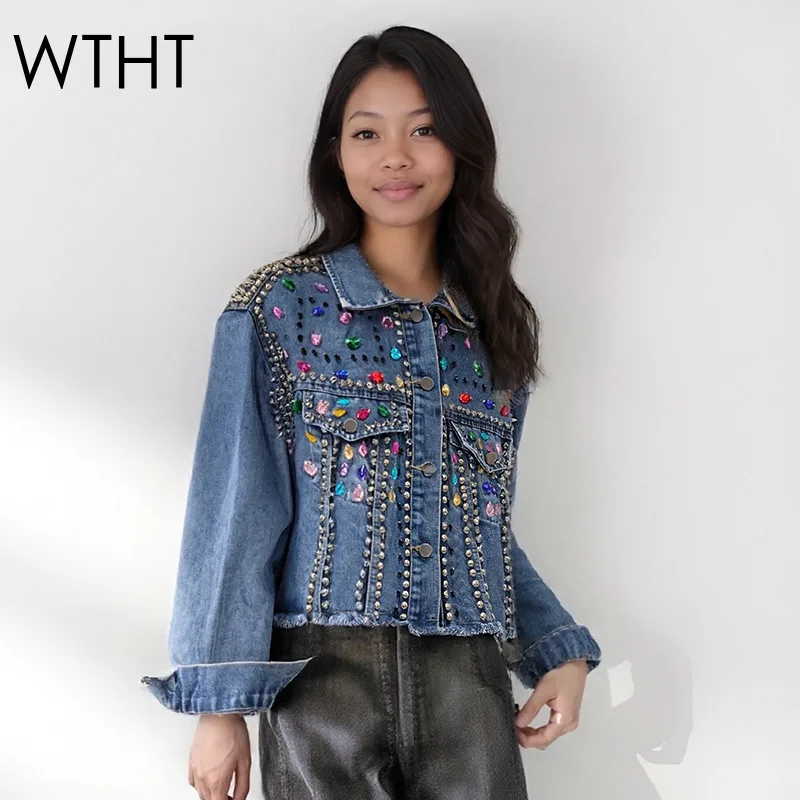 

WTHT New Trendy Women's Spliced Colorful Diamonds Denim Jacket 2026 Spring Fashion Lapel Long Sleeves Coat Female 1LS2805