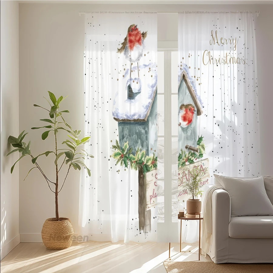 2PCS Christmas Winter Sheer Curtains, Robin Birdhouse, Digital Print, Bedroom Living Room, Rod Pocket Polyester, Home Decor