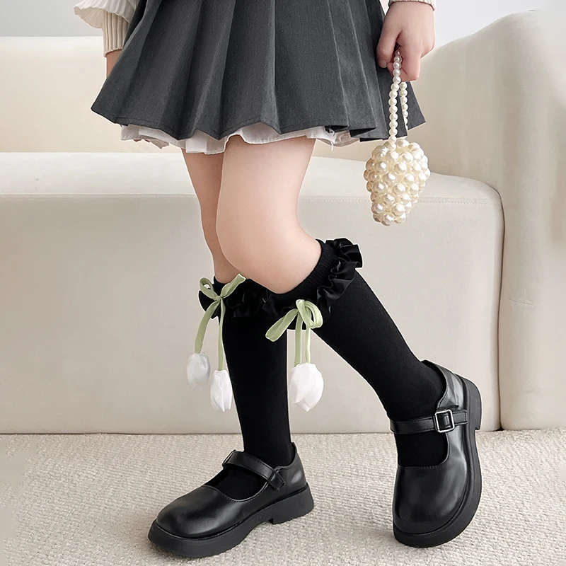Pretty Girls 3D Tulip Large Bow Breathable Trim Mid Calf Socks Soft Elastic Skin Friendly Comfortable Lolita Princess Stockings