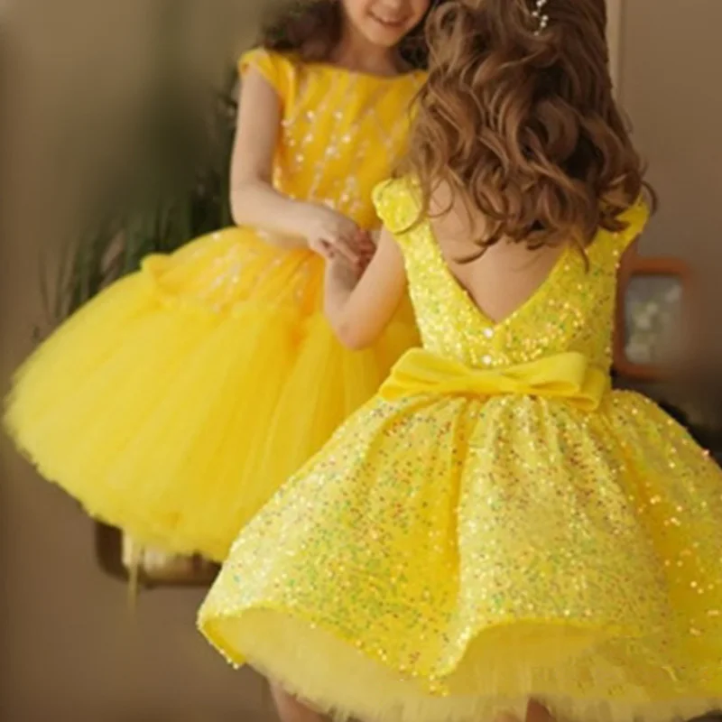 Customized Elegant Sweet Flower Girls Dresses Sequined Ball Gown Princess Vestidos O-neck Short Flying Sleeve Kids Birthday Part