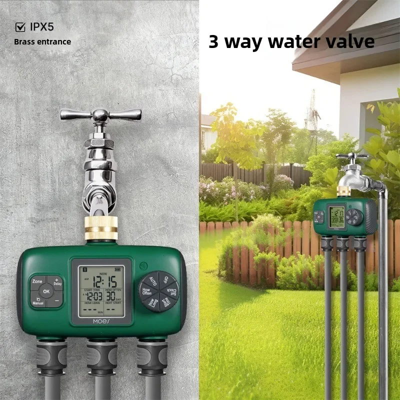 3-Way irrigation water valve IP55 waterproof knob button LCD screen brass water inlet watering timer