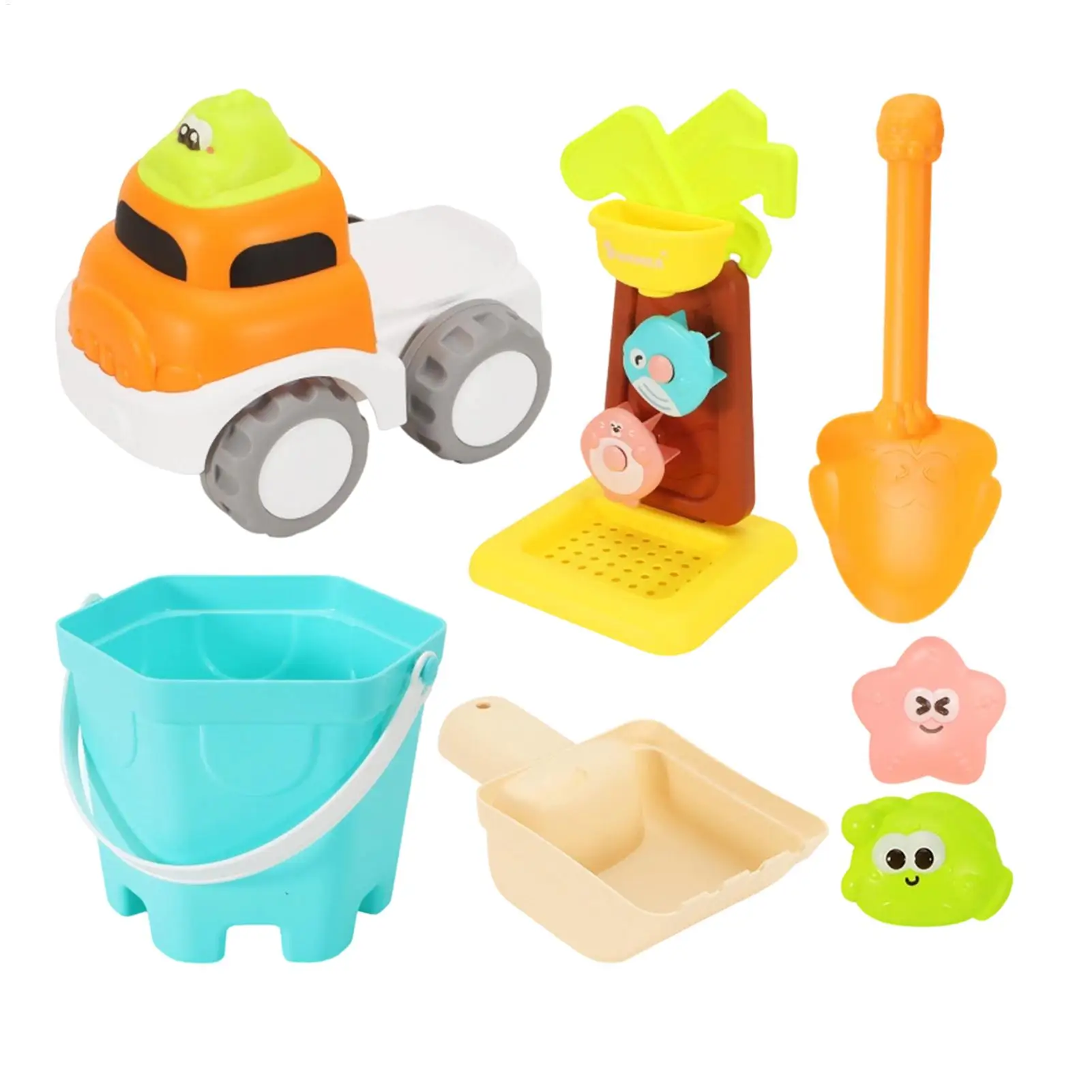 Beach Toys Fun Cartoon Digger Shovel 7 Pieces Beach Toy Set for Family Outdoor Outside Pool Water Swimming Summer Vacation