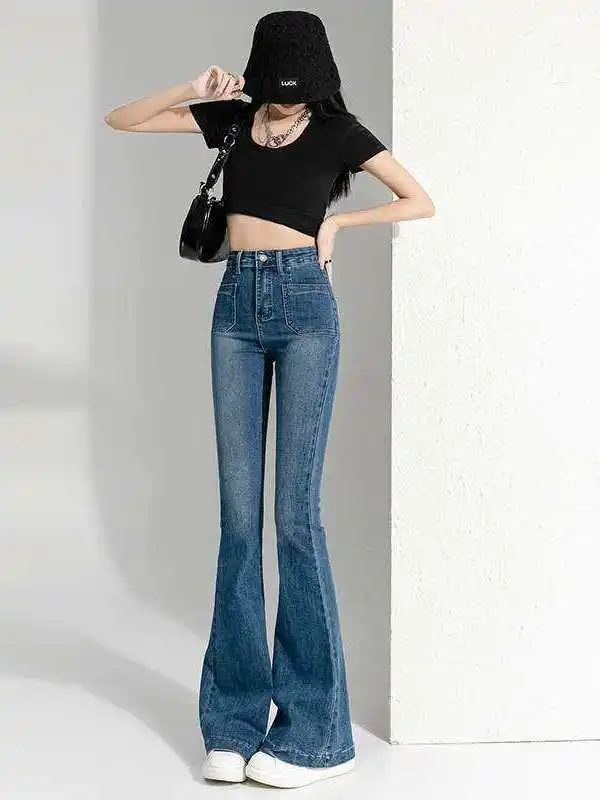 

Новые джинсы-клеш с высокой талией для женщин, весна-лето, из ткани PU со средней эластичностью, черные, Cleanfit Sle