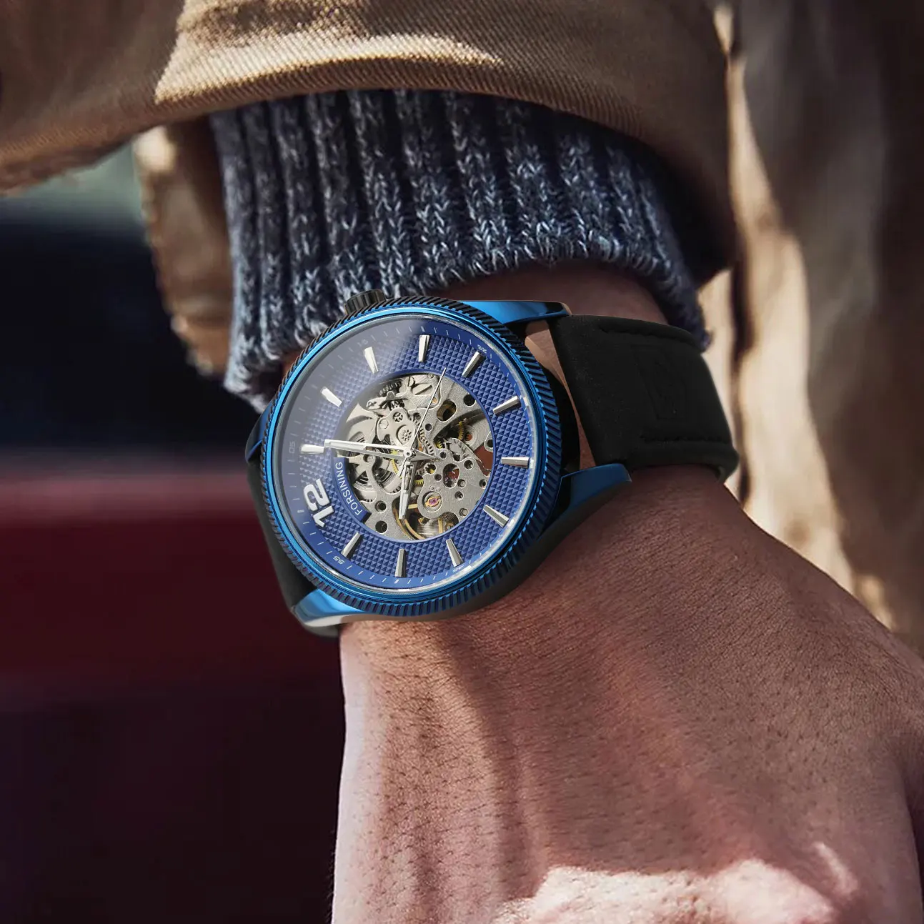 2025New FORSINING High-end Luxury Fashion Man Blue Watches Steel Skeleton Mechanical Watch Automatic Movement Leather Wristwatch