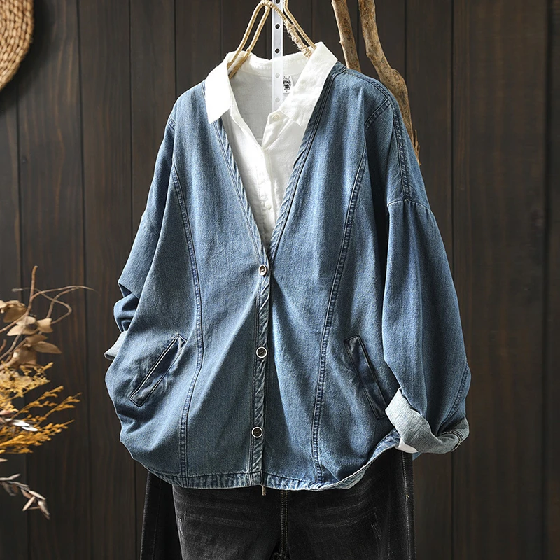 

Женские джинсовые пальто с длинным рукавом, Новое поступление, осень 202, простой стиль, с v-образным вырезом, однотонные свободные женские базовые повседневные куртки M2072