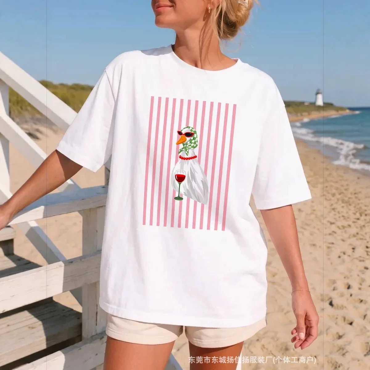Sweet Funny Cool Duck Wine Print Cotton T Shirt Women Cute Graphic Oversized Loose Summer Beach Vacation Casual Short Sleeve Top