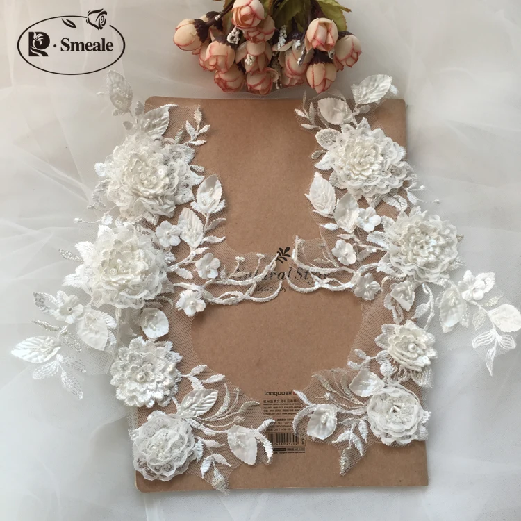 Handmade Beaded Lace Accessories for Wedding Dance Wear, 3D Flowers, Off-White Silver, DIY, RS2673