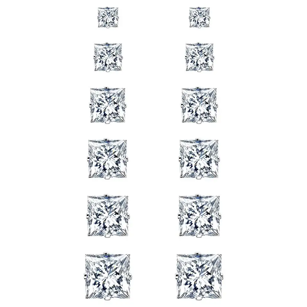 316L Hypoallergenic Stainless Steel 14K White Gold Plated Square Cubic Zirconia Stud Earrings Set for Men Women Pack of 6 Pairs