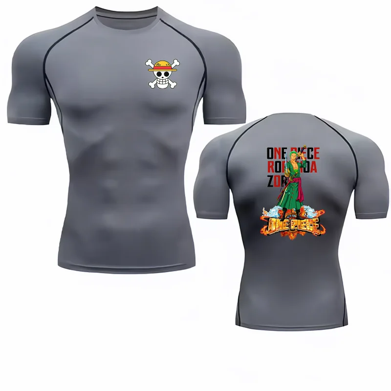 Bandai One Piece Roronoa Zoro Double-sided Print Compression T-shirt Men Anime Fitness Gym Quick Dry Sportswear Top