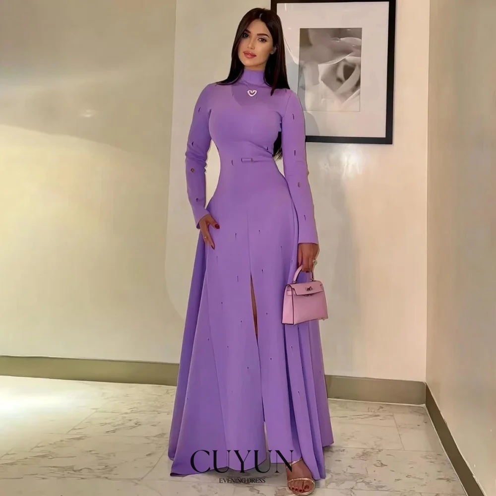 

CUYUN Modest Purple Women Evening Dresses Customized High Slit Long Sleeves Party Gown High Slit Formal Occasion Dresses