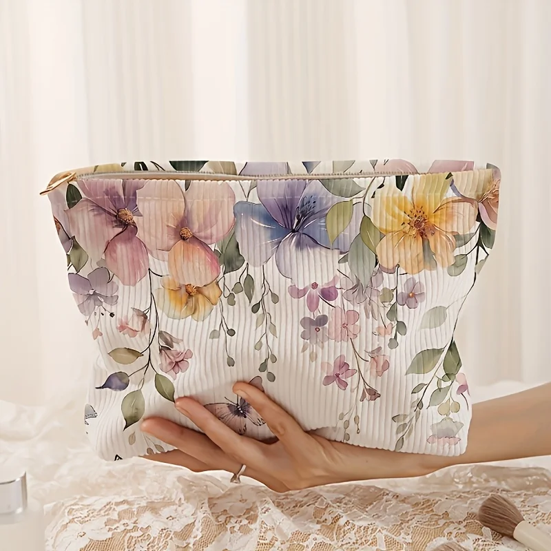 Purple Bouquet Printed Thick Corduroy Makeup Bag, Brush Organizer Women's Fashionable Novel Cute Bag
