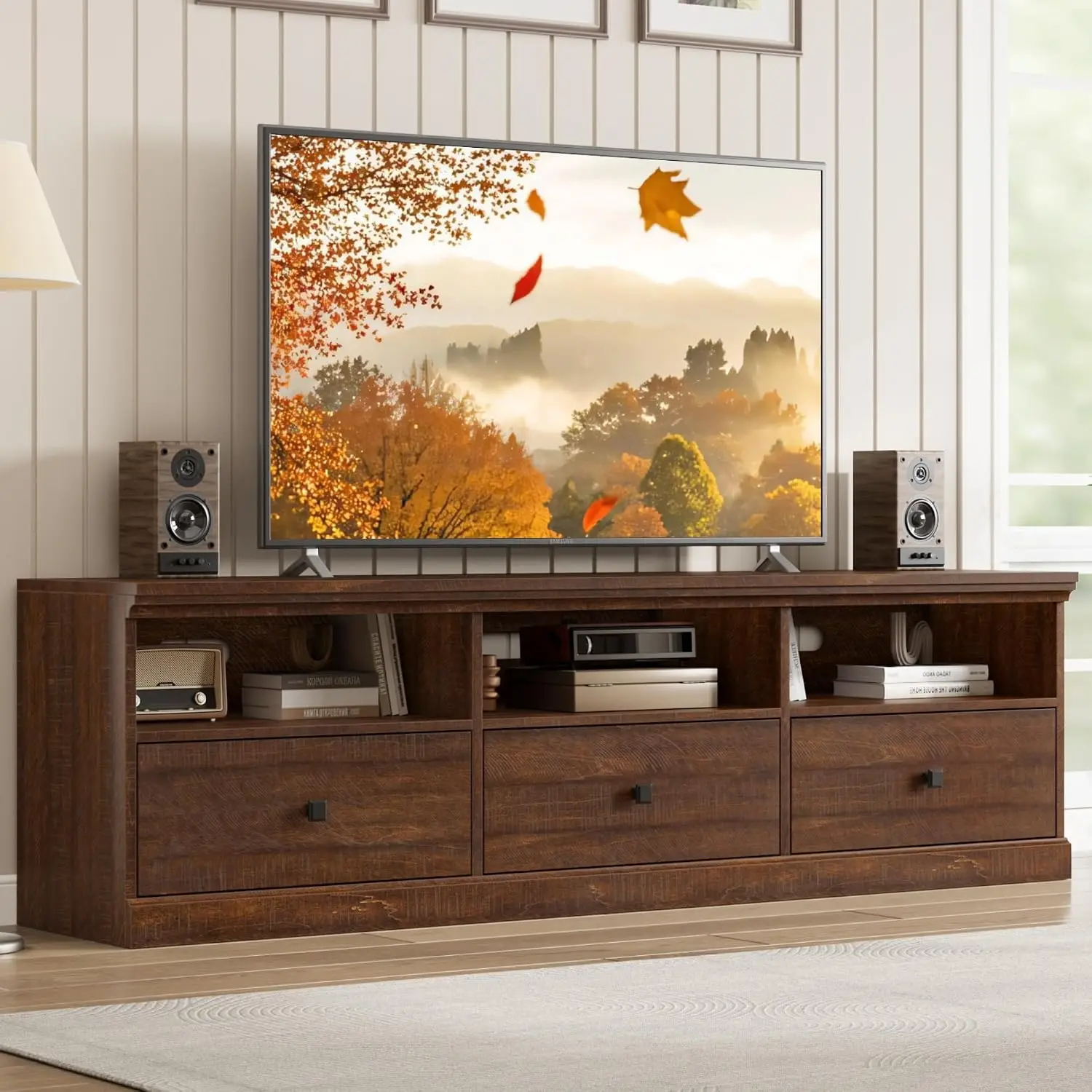 70 Inch Mid-Century Modern TV Stand for 65/70/75 in TV, Entertainment Center with 3 Storage Drawers & Open Shelves, Customized